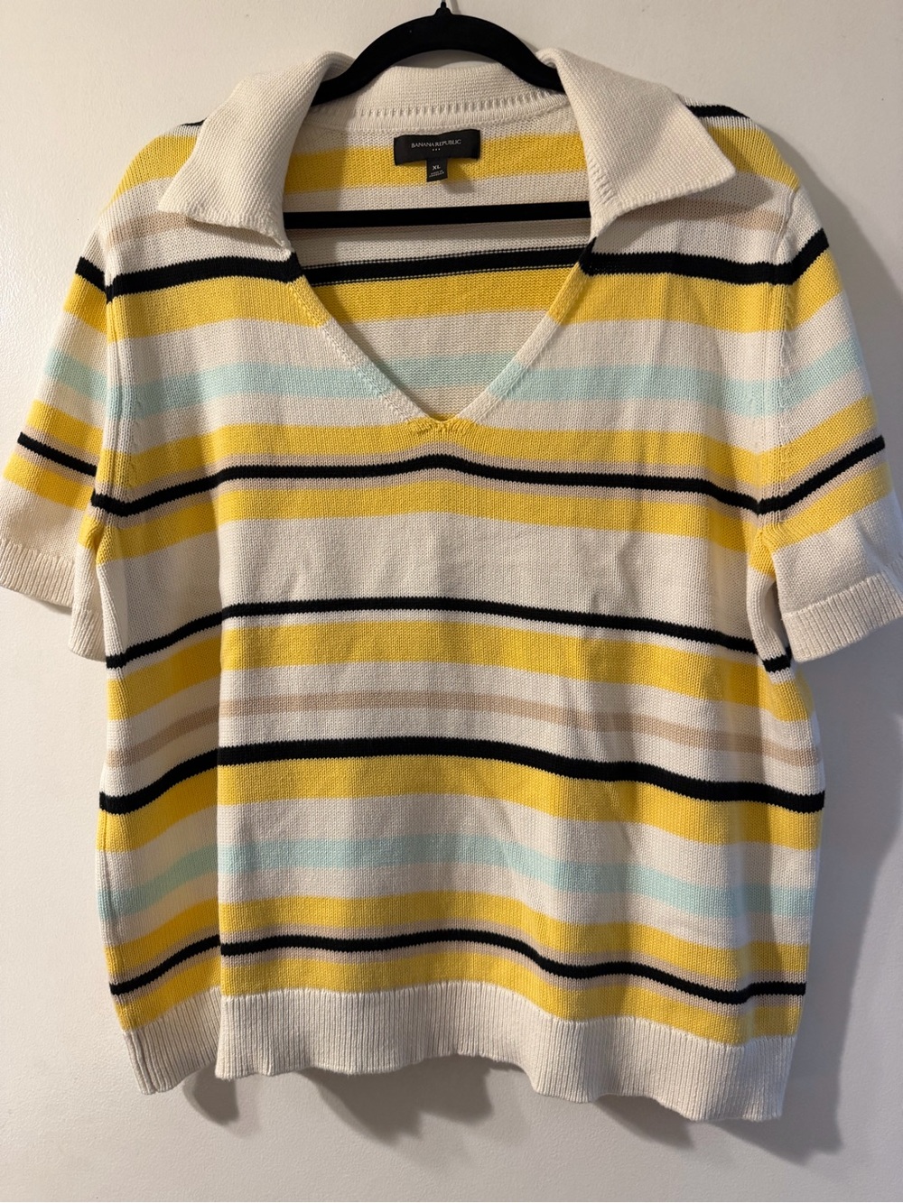 Banana Republic Striped V-Neck Polo Sweater in Yellow, Cream & Black